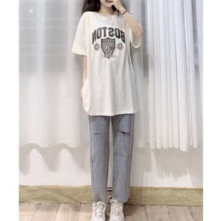 Quần jeans nữ dáng baggy ống đứng rách gối co giãn 4 chiều