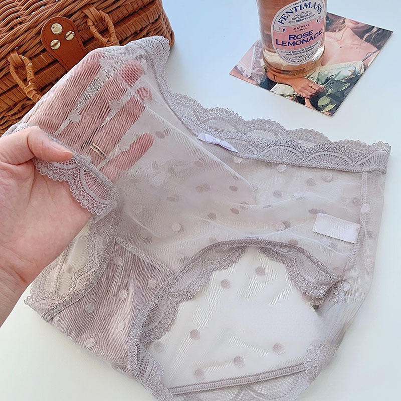 Quần Lót Lưới Siêu Mỏng Lưng Cao Họa Tiết Chấm Bi Phong Cách Nhật Bản Cho Nữ
