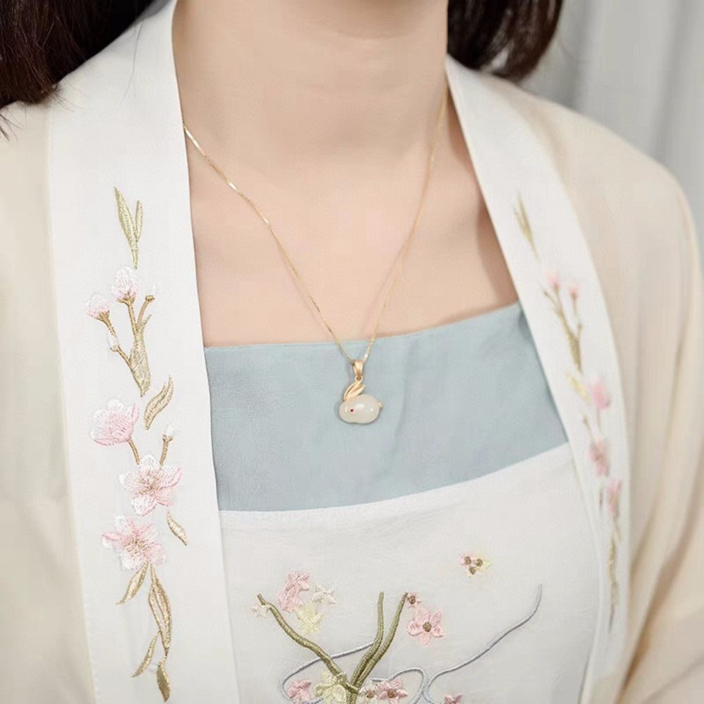 Nhẫn / Khuyên Tai / Vòng cổ Hình Thỏ Đính Đá Ngọc Bích Đơn Giản Phong Cách Hàn Quốc Cổ Điển Có Thể Điều Chỉnh Cho Nữ