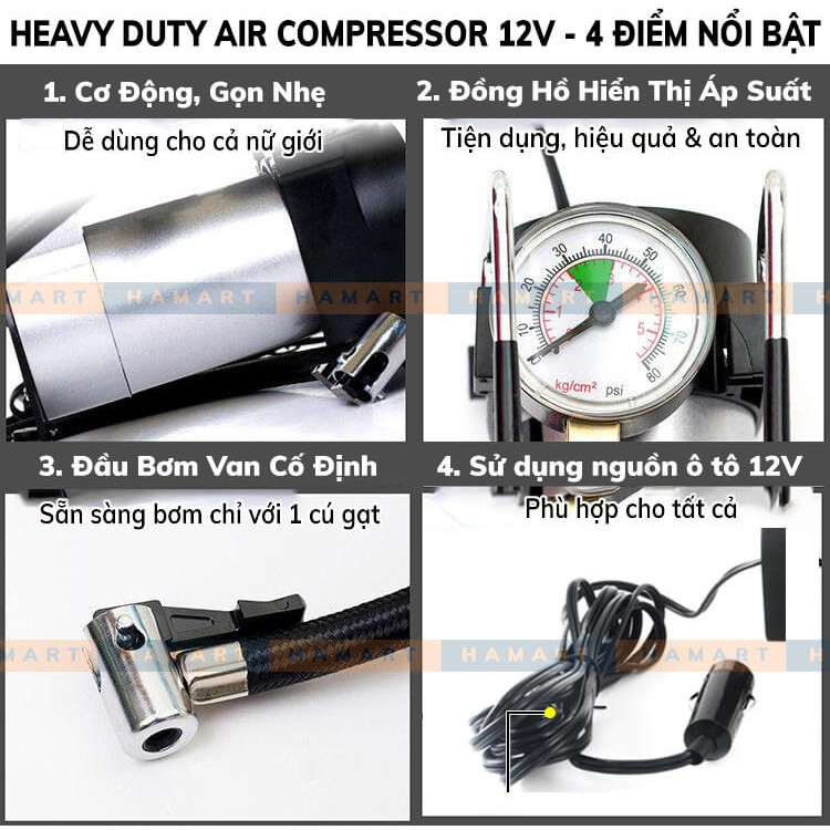 Bơm Hơi Điện Ô Tô 12V Heavy Duty Air Compressor Bơm Lốp Ô Tô Mini Hiệu Quả Chất Lượng