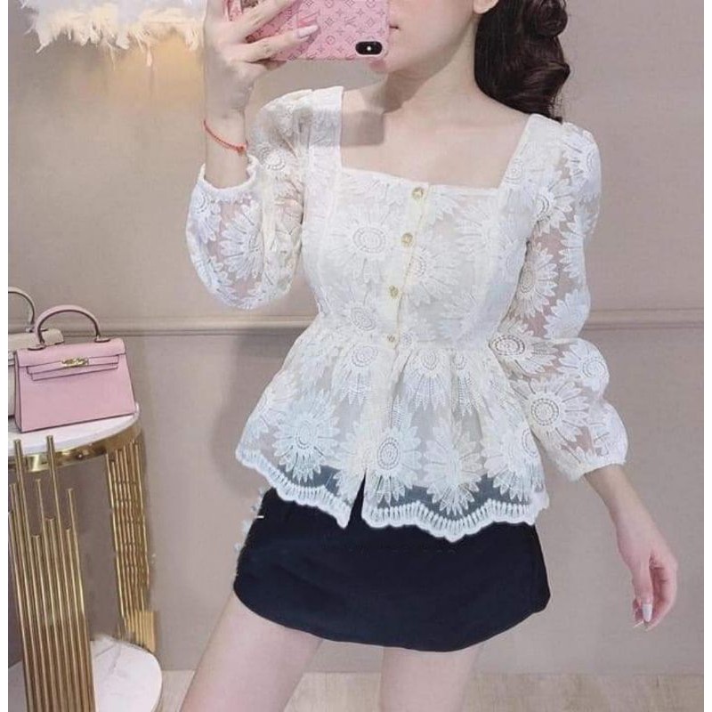 Áo trắng ren hoa cổ vuông tay phồng cao cấp siêu xinh