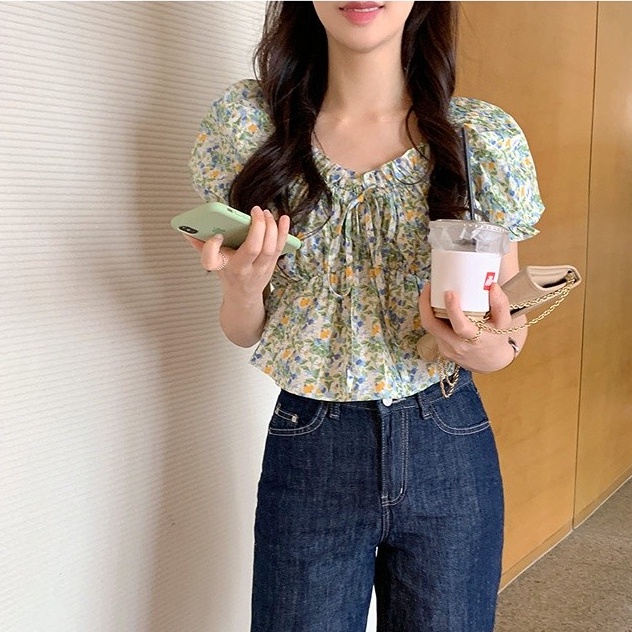 Áo SUXI tay ngắn cổ chữ V in hoa phong cách Hàn Quốc cổ điển