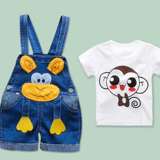 Set quần đùi yếm jean và áo thun hình khỉ con cute
