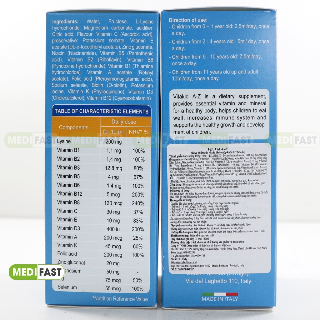 Siro ăn ngon cho bé Vitakid A-Z Multivitamin 150ml Giúp bổ sung các vitamin khoáng chất cho bé - Nhập Khẩu Châu Âu