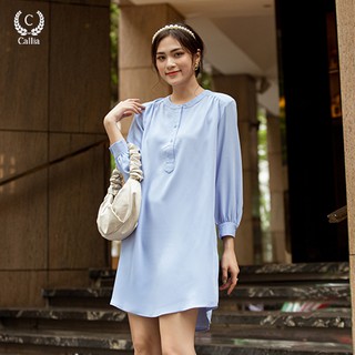 Đầm sơ mi cổ V nữ Callia Mona tay dài (Trắng/Xanh)