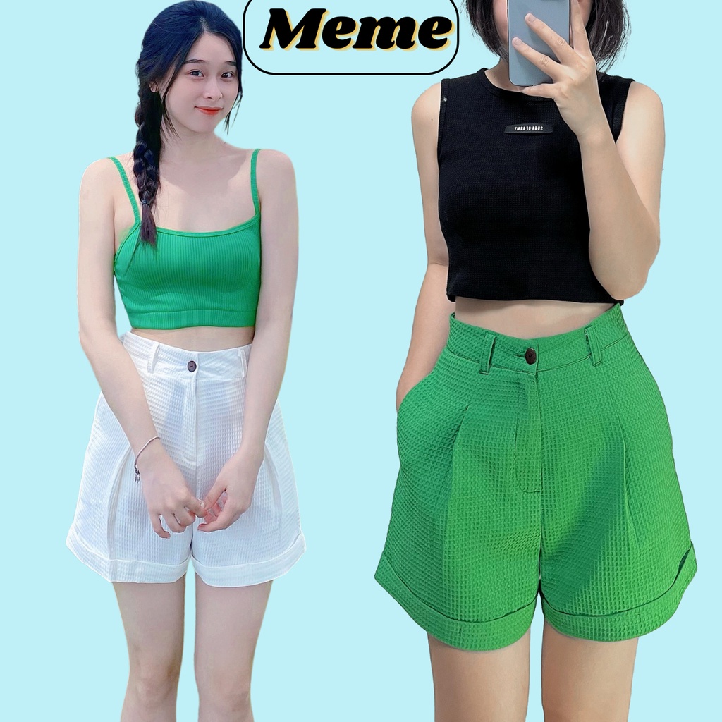 Quần short nữ ống rộng MEME.Unii vải kaki xốp mềm lưng cao đứng form, quần sooc cạp cao trắng đen xanh lá