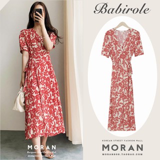 (ORDER) Váy MORAN cộc tay hoa đỏ cổ V thắt nơ eo dáng xòe dài vintage thanh lịch sang trọng Hàn Quốc (MẪU _MỚI_2020)