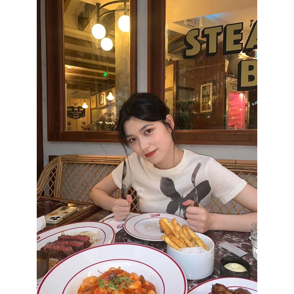 Áo Thun Tay Ngắn Cổ Tròn In Hình Bướm Thời Trang Mùa Hè Mới 2022 Dành Cho Bạn Nữ