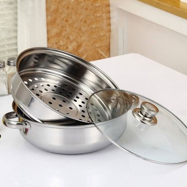 Xửng Hấp 2 Tầng Inox - Nồi Dầy, Miệng Rộng, Có Thể Làm Nồi Lẩu