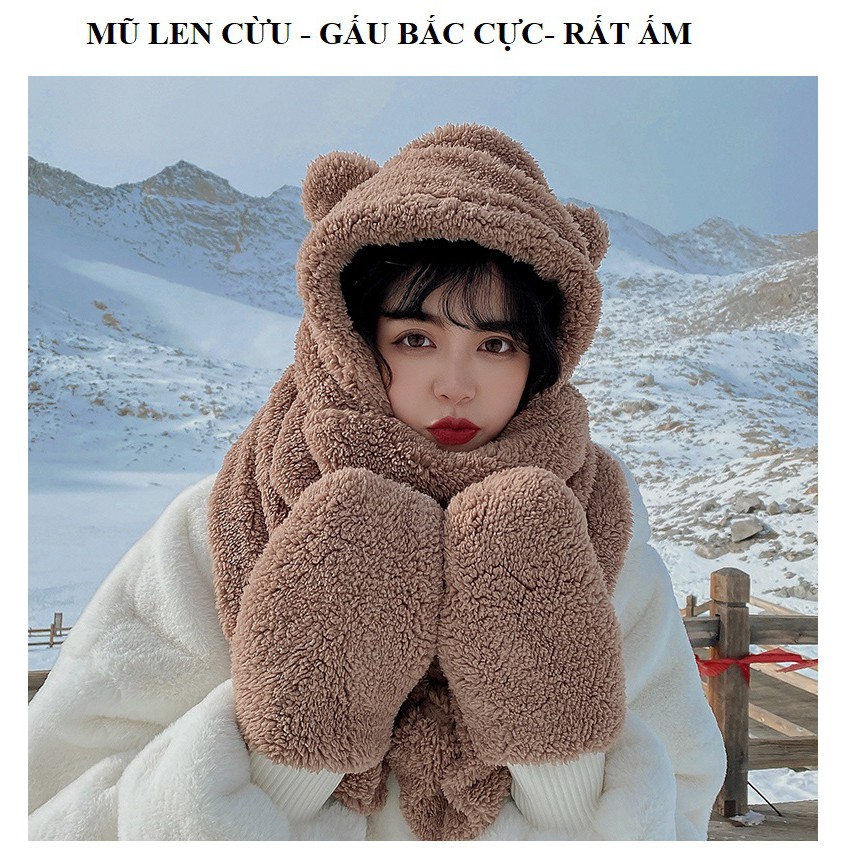 Mũ len gấu lông cừu xỏ tay cho nữ, mũ trùm đầu liền khăn quàng cổ cho nữ