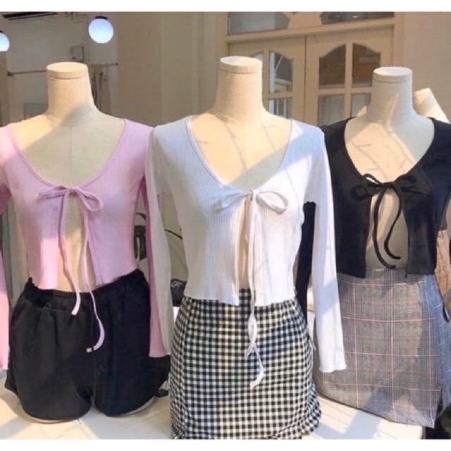 Áo khoác cardigan croptop buộc nơ chất thun gân - B5U | BigBuy360 - bigbuy360.vn