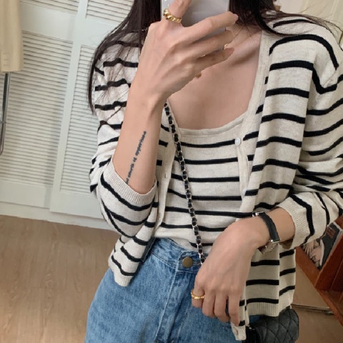 Set áo cardigan và áo hai dây ZHELIHANGFEI dệt kim kẻ sọc phong cách retro