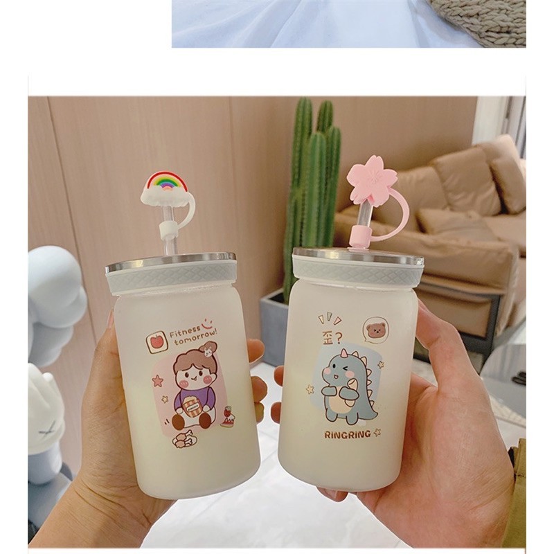 Cốc/Bình Thủy Tinh Đựng Nước Dày Kèm Ống Hút Họa Tiết Hoạt Hình Siêu Dễ Thương
