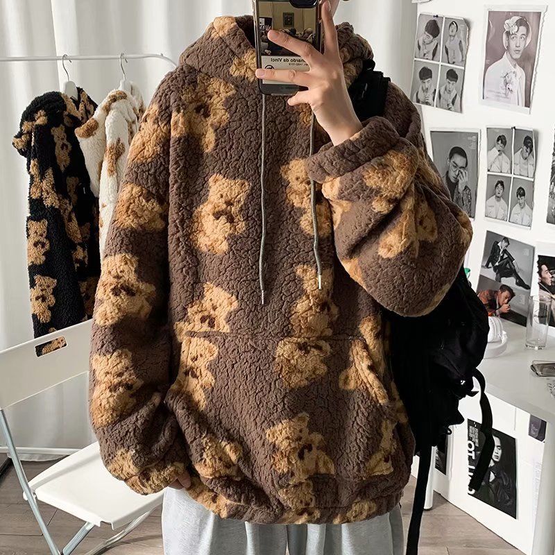 Áo khoác nam bomber  ♚✙Áo sweater Nhung Lông Cừu In Hình Gấu Hoạt Hình Phong Cách Hàn Quốc Dễ Phối Đồ Cho Nam