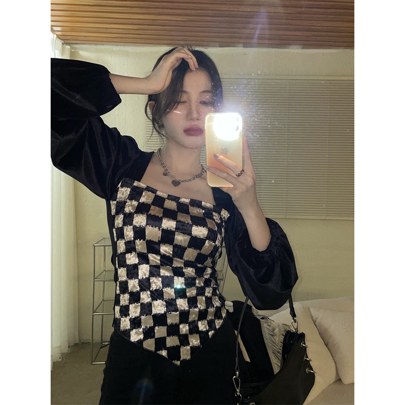 Áo kiểu tay phồng dài cổ vuông họa tiết sọc caro thời trang Hàn Quốc