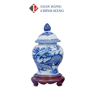 Chóe thờ nhỏ men Lam Trắng NỔI họa tiết RỒNG, đồ thờ cúng Phùng Gia - Gốm sứ Bát Tràng cao cấp