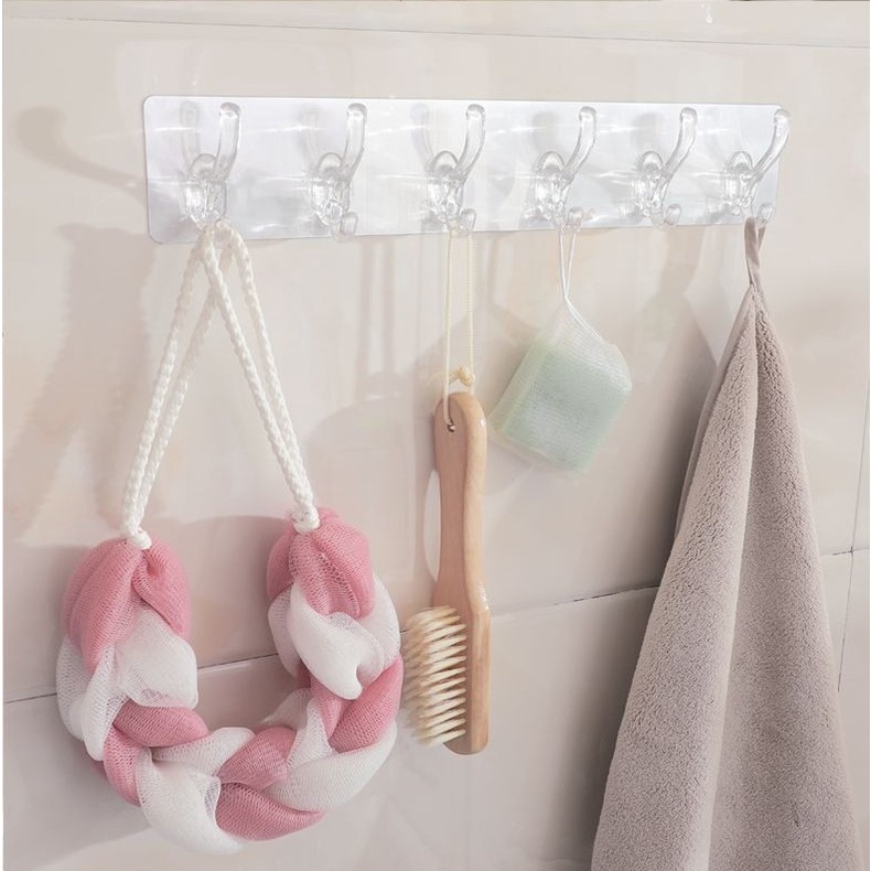 Thanh Móc Dán Treo Đồ Dán Tường Siêu Dính Chịu Lực Đa Năng Trong Suốt 6 Móc Liền Mạch