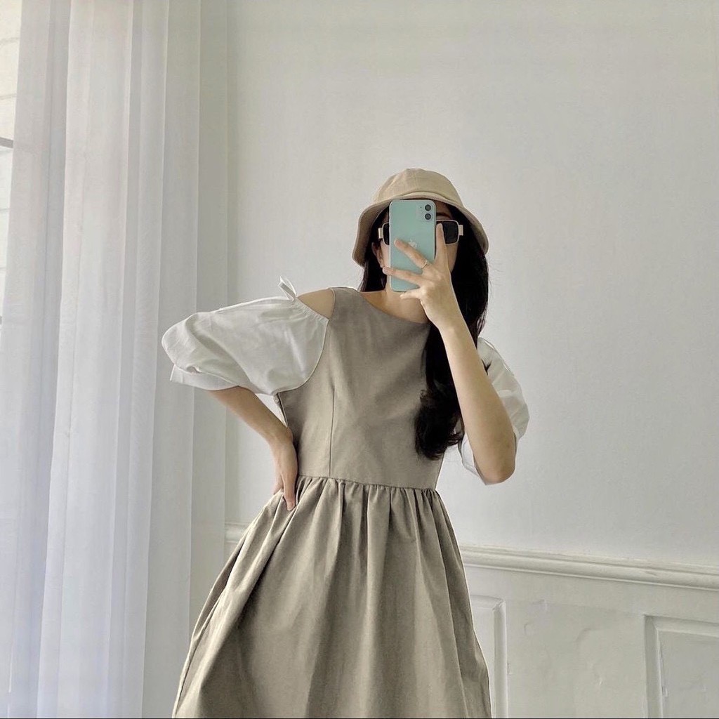 Váy Kaki Be Vintage Hở Vai Phối Trắng - Đầm Xòe Phong Cách Tiểu Thư Hàn Quốc MÀu Be Trắng Tay Lỡ HARIQUEEN