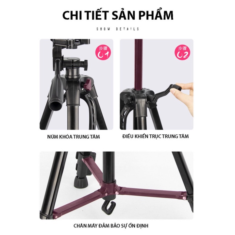 Gậy 3 Chân Máy Ảnh Chụp Hình Selfie Tự Sướng Tripod Floveme - 3366 cao 150cm Kèm Giá Đở Điện Thoại &amp; Máy Ảnh .