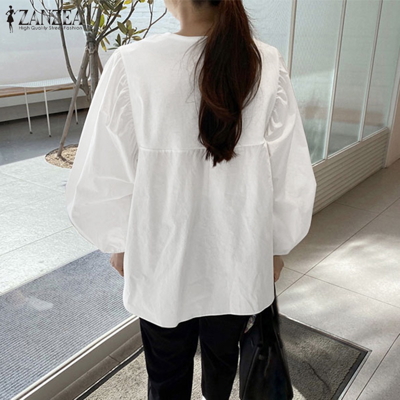 Áo Sơ Mi Kiểu Zanzea Dáng Rộng Tay Phồng Màu Trơn Thời Trang Thường Ngày Cho Nữ