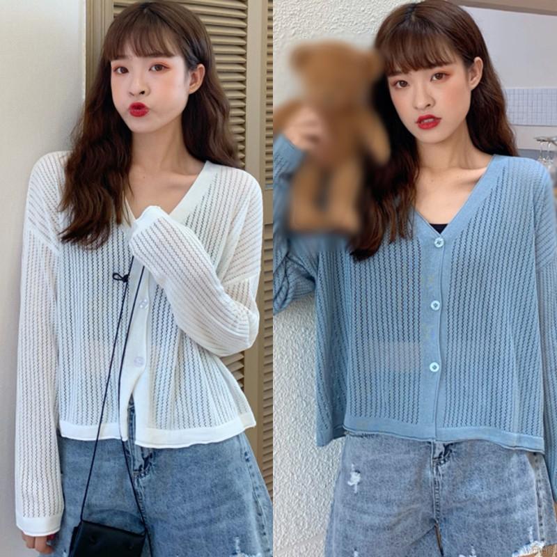 Áo Khoác Cardigan Dệt Kim Mỏng Tay Dài Cổ Chữ V Thiết Kế Xinh Xắn Cho Nữ