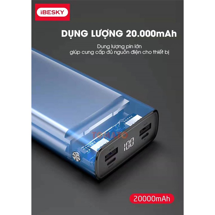 Pin sạc dự phòng IBESKY PS502 20000mAh SẠC 6 LẦN IPHONE, Đèn LED hiển thị pin, 2 Cổng USB - Bảo hành 12 tháng đổi mới