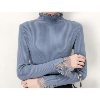 Áo len nữ pha ren cổ và ống tay sang trọng