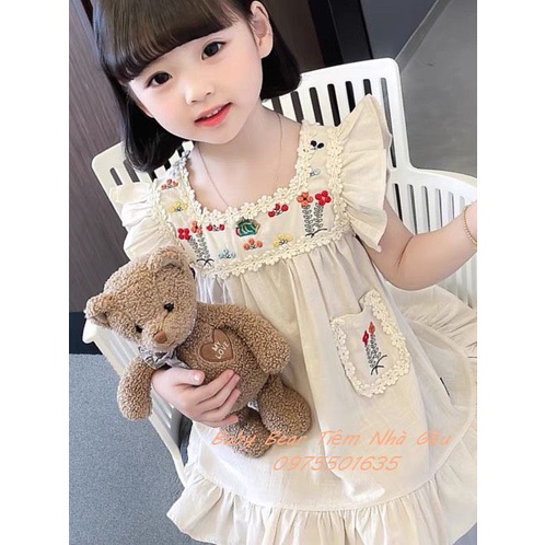 Váy trắng thêu hoa sắc nét hàng cao cấp vải linen đũi mát mềm cho bé gái từ 0-4 tuổi