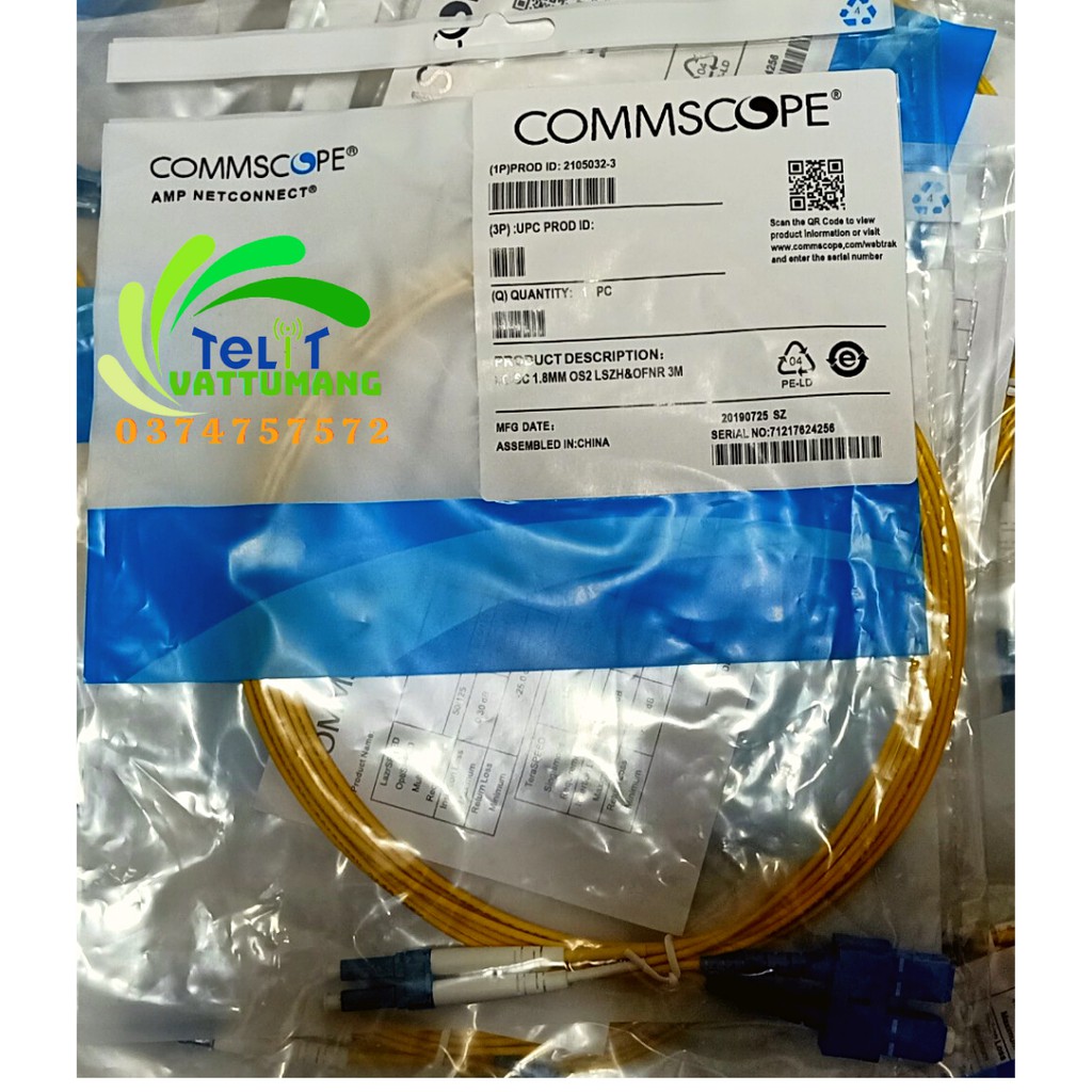 Dây nhảy quang AMP/ CommScope LC-SC Duplex Singlemode OS2 3m, màu vàng, 2105032-3