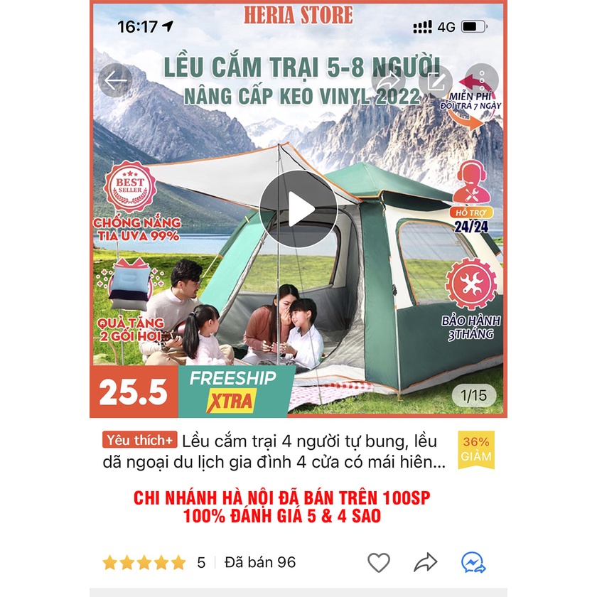 Lều cắm trại tự bung 4 người, lều dã ngoại picnic gia đình gập gọn 4 cửa HERIA HCM