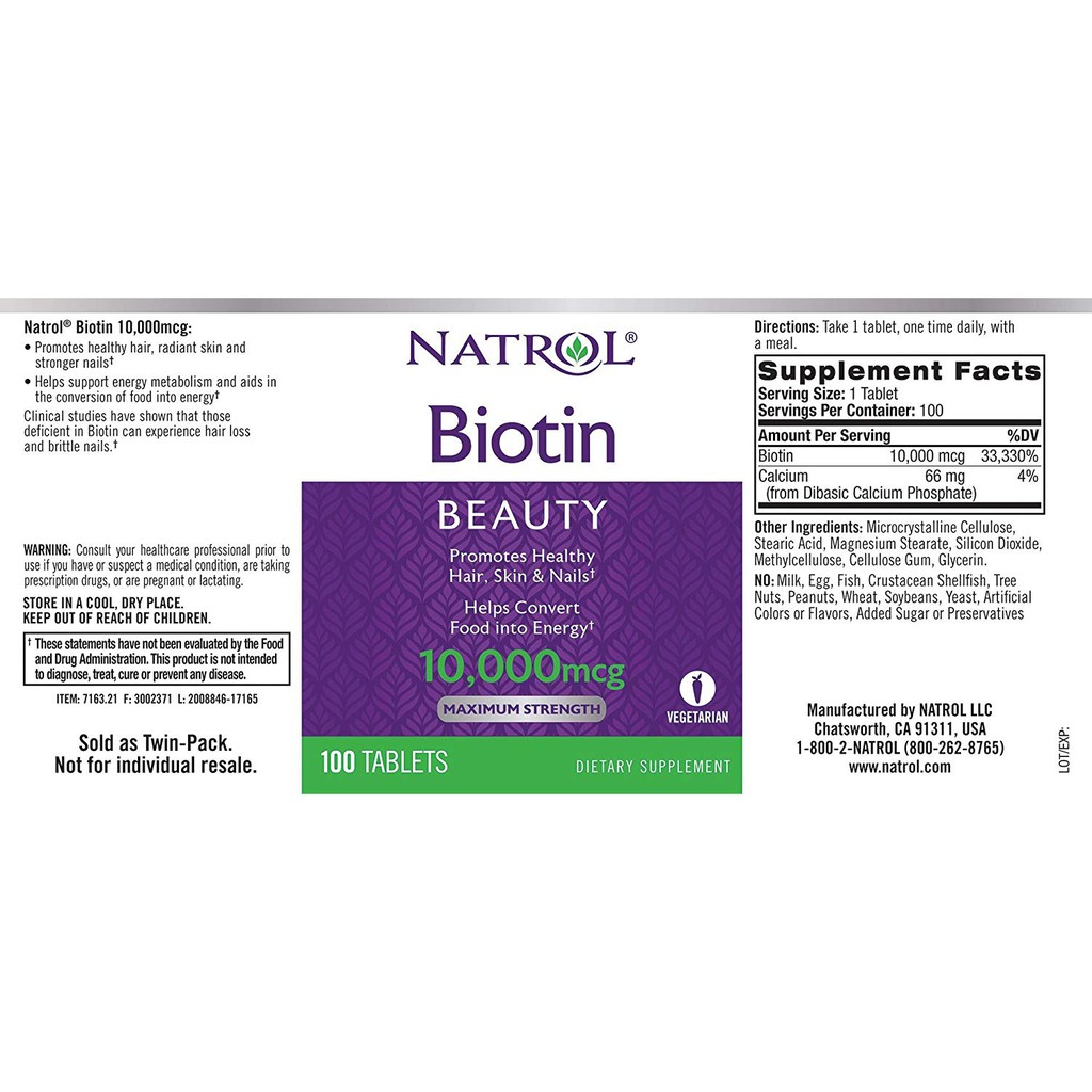 Viên uống Natrol Biotin 10000mcg (Mỹ) 100 viên