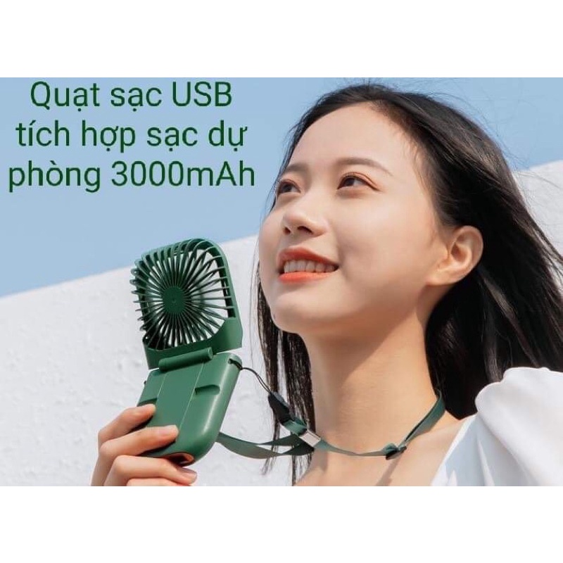 Quạt sạc USB cầm tay gấp gọn tích hợp sạc dự phòng 3000mAh