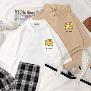 Áo thun nữ POLO tay lỡ có cổ form rộng freesize unisex hình miếng pho mát chữ CHEESE