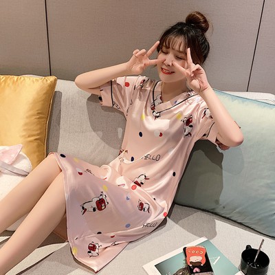 Đầm ngủ phi lụa tay ngắn mùa hè dễ thương , váy ngủ họa tiết dễ thương hàng Quảng Châu | BigBuy360 - bigbuy360.vn