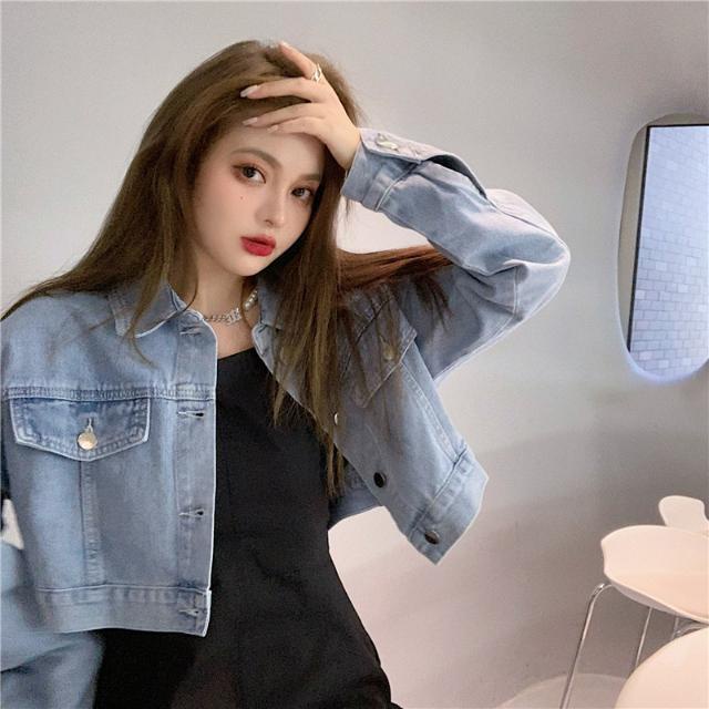 Áo khoác bò jean denim xanh dáng ngắn croptop phong cách Hàn Quốc
