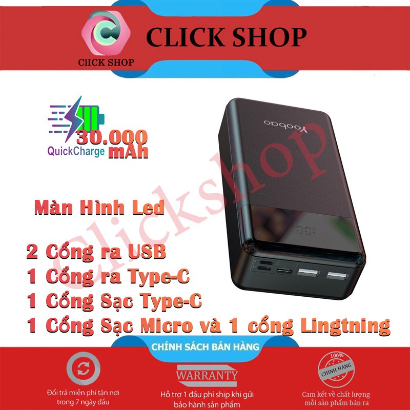 Pin dự phòng 30000mAh Yoobao hỗ trợ sạc nhanh Type-C 18w có màn hình led hiển thị pin 3 cổng sạc vào và ê cổng ra