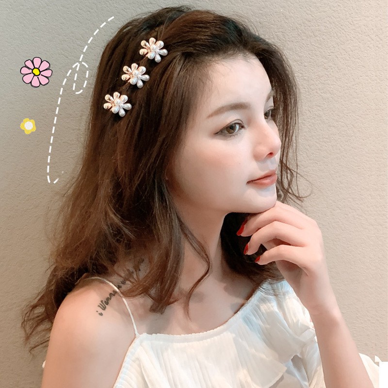 Kẹp tóc hình bông hoa đính ngọc trai nhân tạo phong cách retro Hàn Quốc