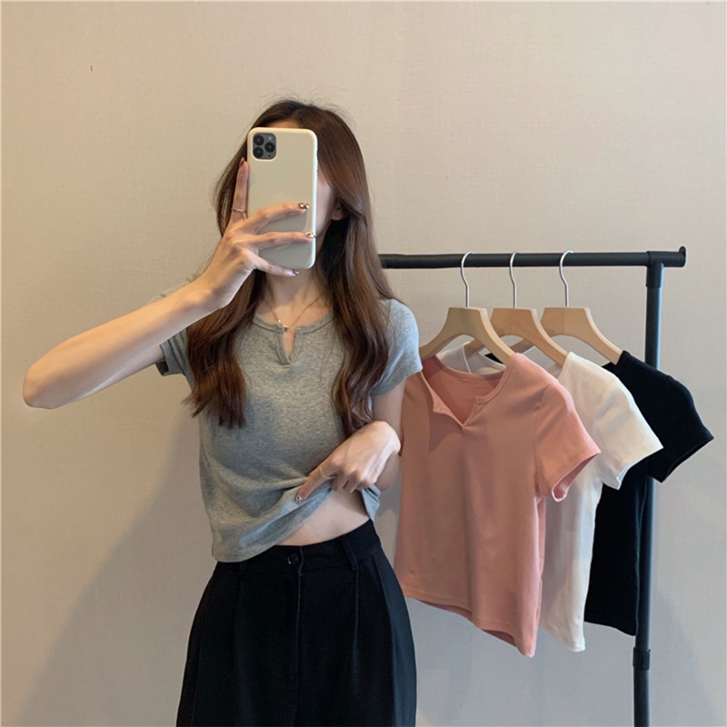 Áo Thun Crop Top Tay Ngắn Cổ Chữ V Màu Trơn Đơn Giản Thời Trang Mùa Hè Dành Cho Nữ