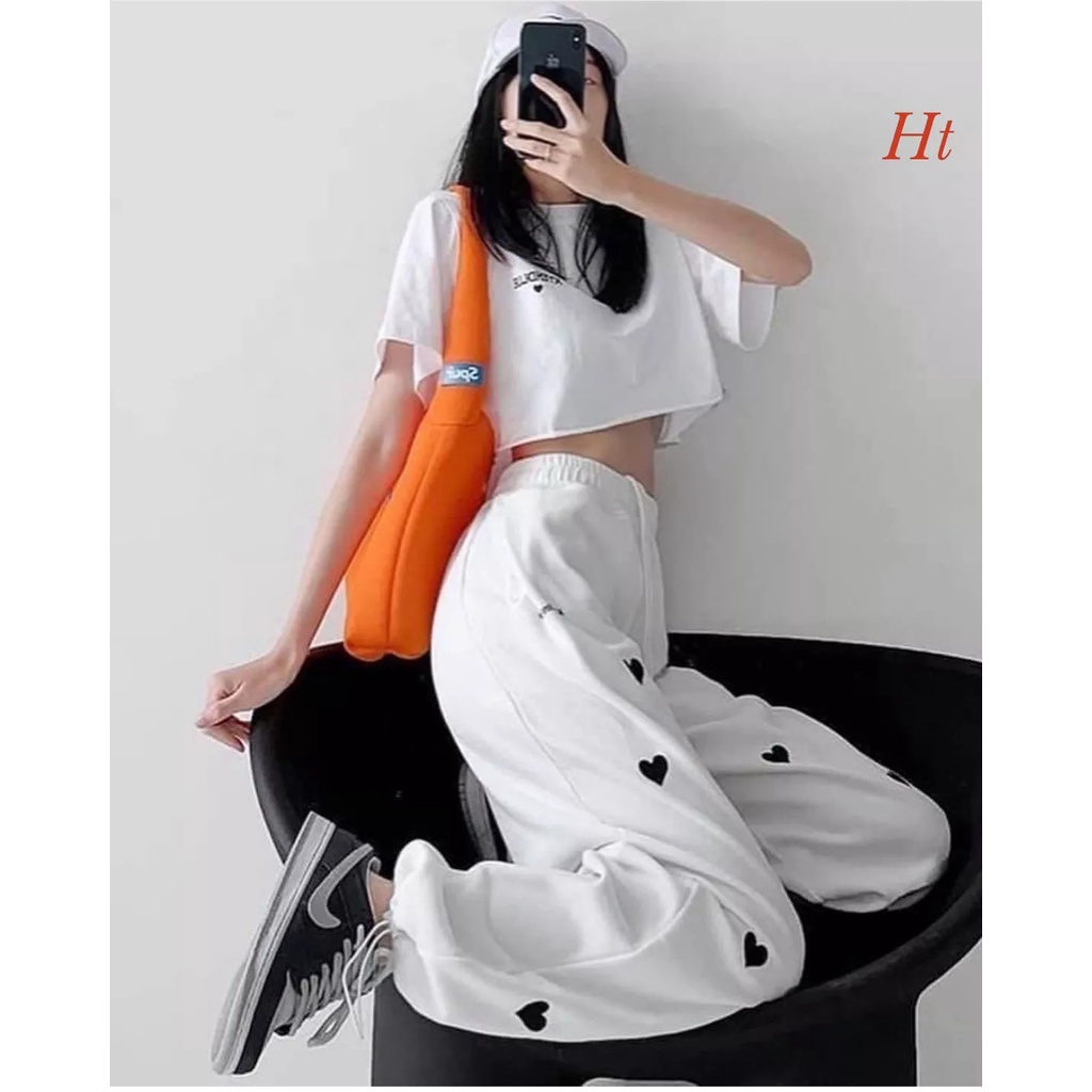 Bộ Croptop quần bom tim trắng ❤️ Áo chất cotton su, quần da cá form thụng có chốt chân Mặc đi chơi mix giày xinh cực lun