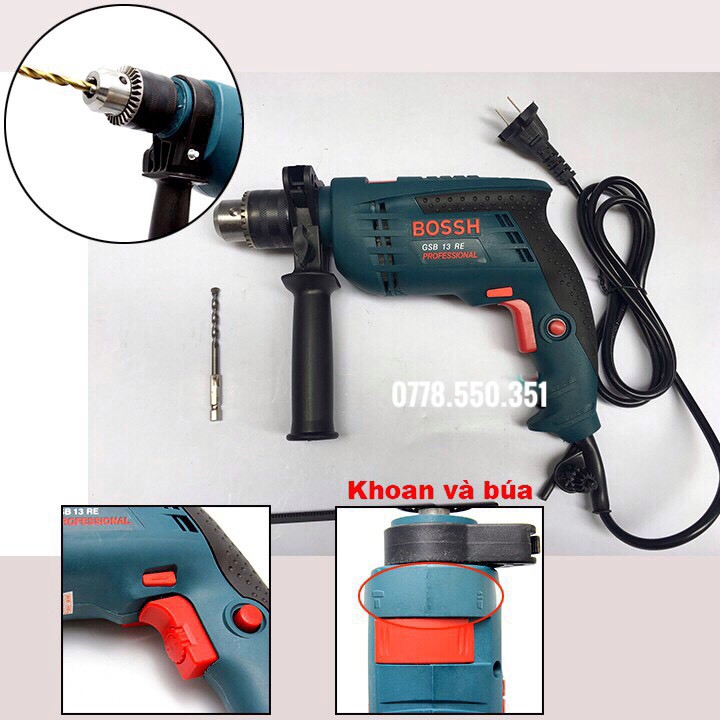 Máy khoan tường bê tông, khoan sắt, khoan gỗ 13 ly Bosch Chính Hãng