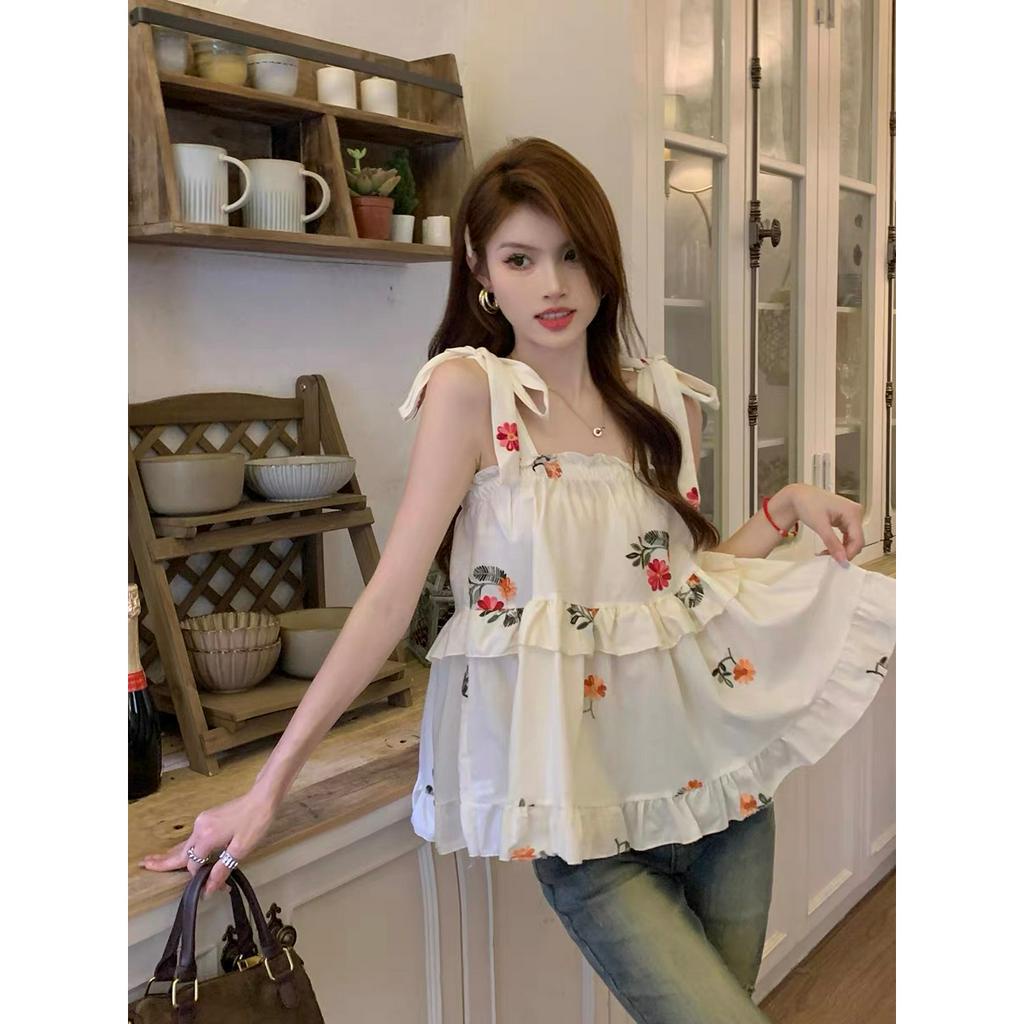 Áo Hai Dây Thêu Hoa Hai Tầng Cổ Vuông - Áo Váy 2 Dây Hoạ Tiết Thêu Hoa Thời Trang Nữ Mùa Hè