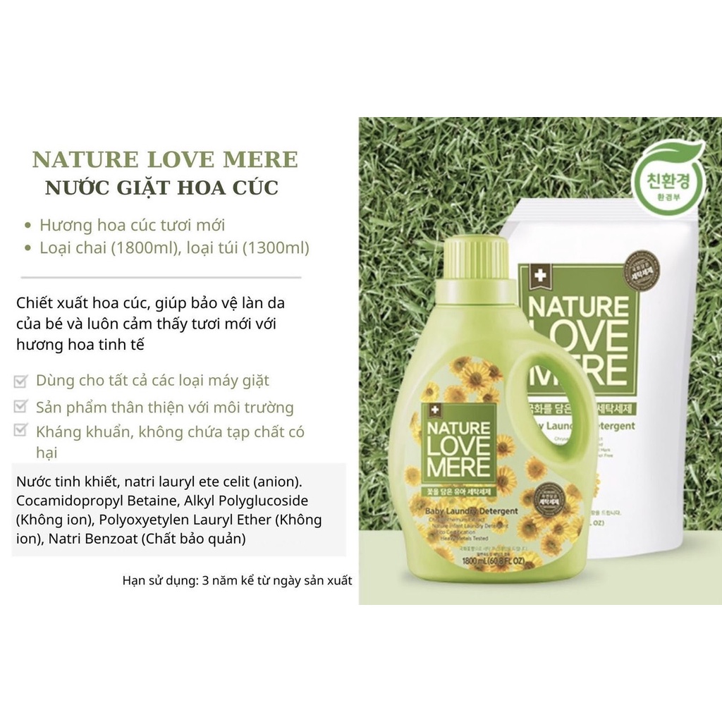 ⚡ MẪU 2021⚡Nước giặt/xả Nature love mere hương HOA CÚC lành tính Chai 1800ml/Túi 1300ml
