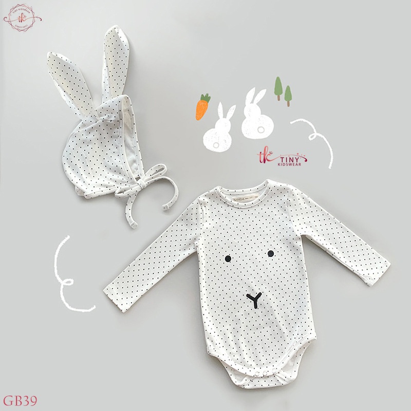 Body chip dài tay, bodysuit thu đông họa tiết chấm bi, kèm mũ tai thỏ đáng yêu cho bé gái từ 4-13kg [GB39]