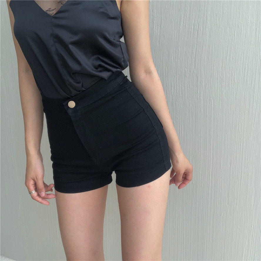 Quần Short Denim Eo Cao Dáng Chữ a Ống Rộng Màu Đen Thời Trang Mùa Hè Cho Nữ