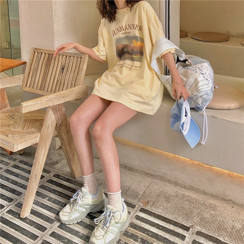 Áo phông tay lỡ cổ tròn dáng rộng oversize hoạ tiết phong cảnh vitage hàn quốc nhiều màu tredy unisex nam nữ xinh xắn