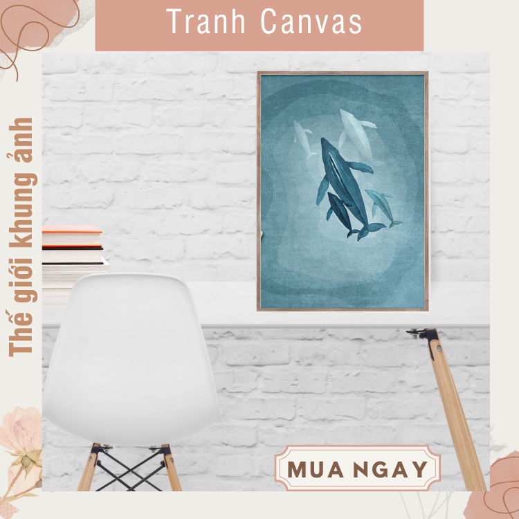 Tranh trang trí cá voi xanh tranh treo tường, có đinh và móc treo tranh tặng kèm