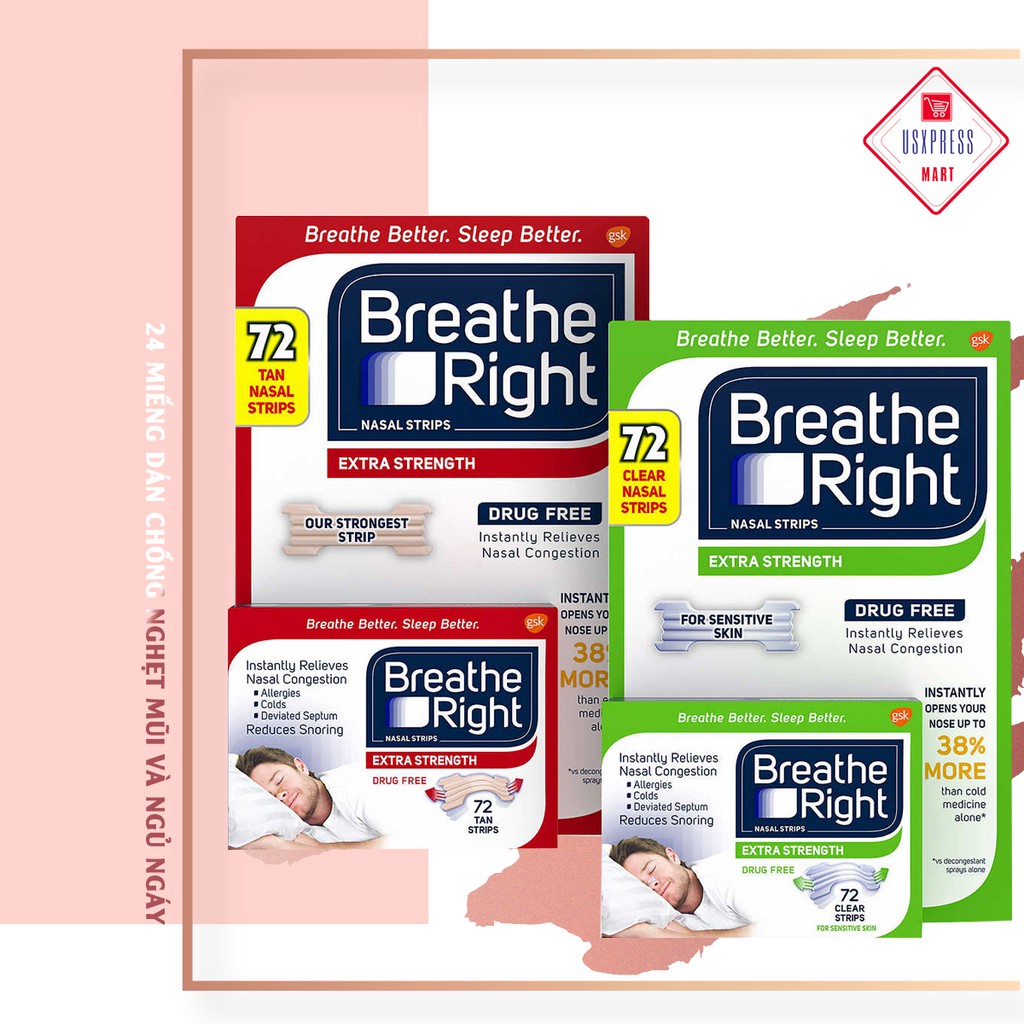 [Chính Hãng] 24 Miếng Dán Chống Nghẹt Mũi Và Ngủ Ngáy Thương Hiệu BREATHE RIGHT® 100% Hiệu Quả Tức Thì, Nhập Khẩu USA .