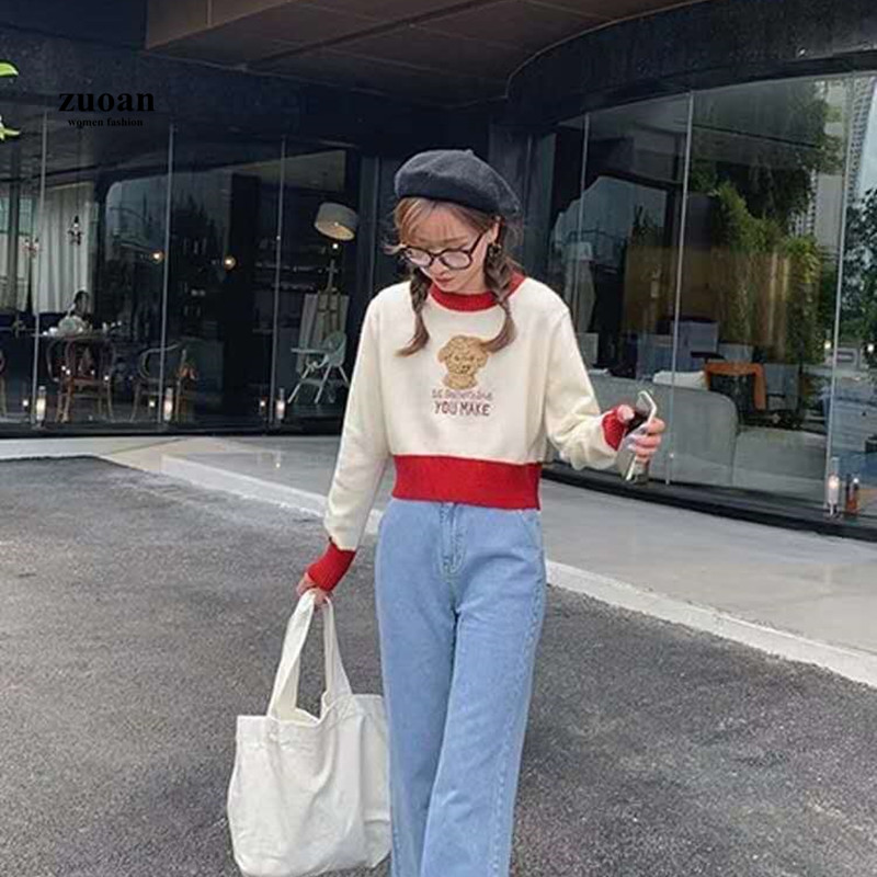 Áo dệt kim nữ SUXI dài tay cổ tròn thời trang hàn