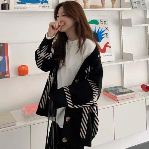 MS777 Áo khoác len cardigan kẻ Hàn Quốc thu đông