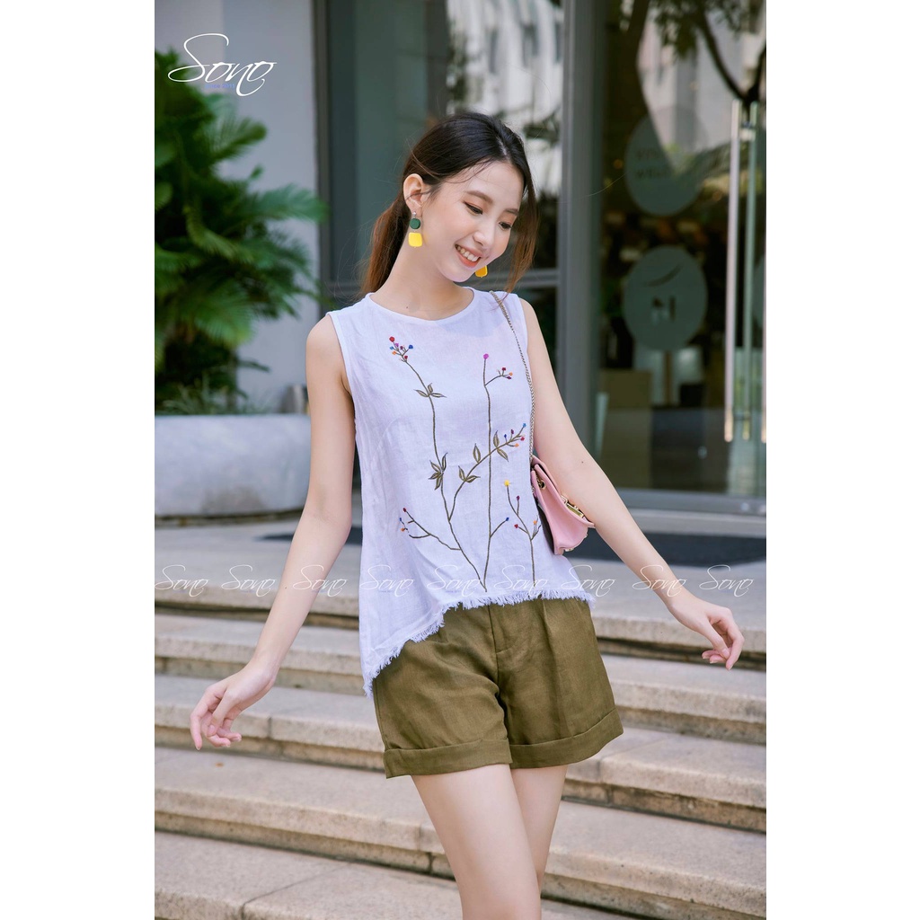SONO - Áo Kiểu Linen Thêu Viền Tua Rua Áo Sát Nách Hàng Thiết Kế